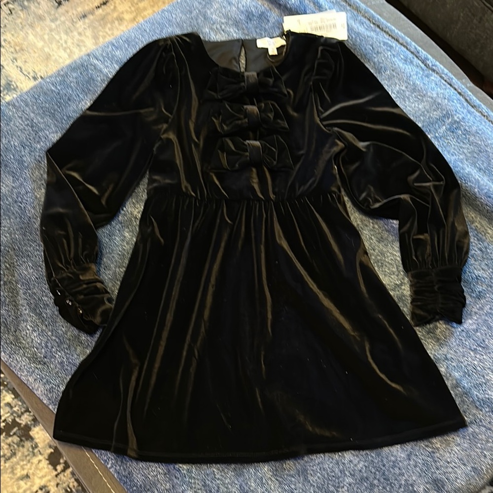 Black Bow Front Bishop Sleeve velvet dress